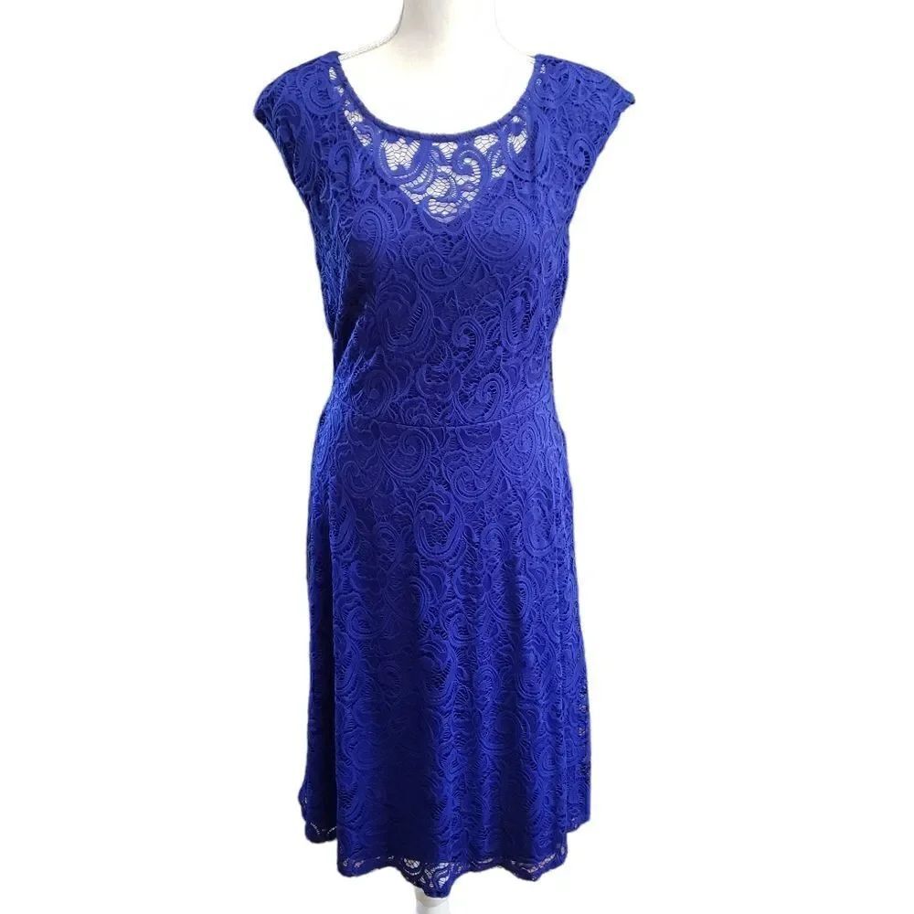 Connected Apparel Blue Lace Cap Sleeve Dress Size 6 NWT